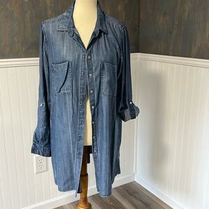 Long sleeved denim Side Stitch top, size large. NEVER WORN. Light weight, comfy!